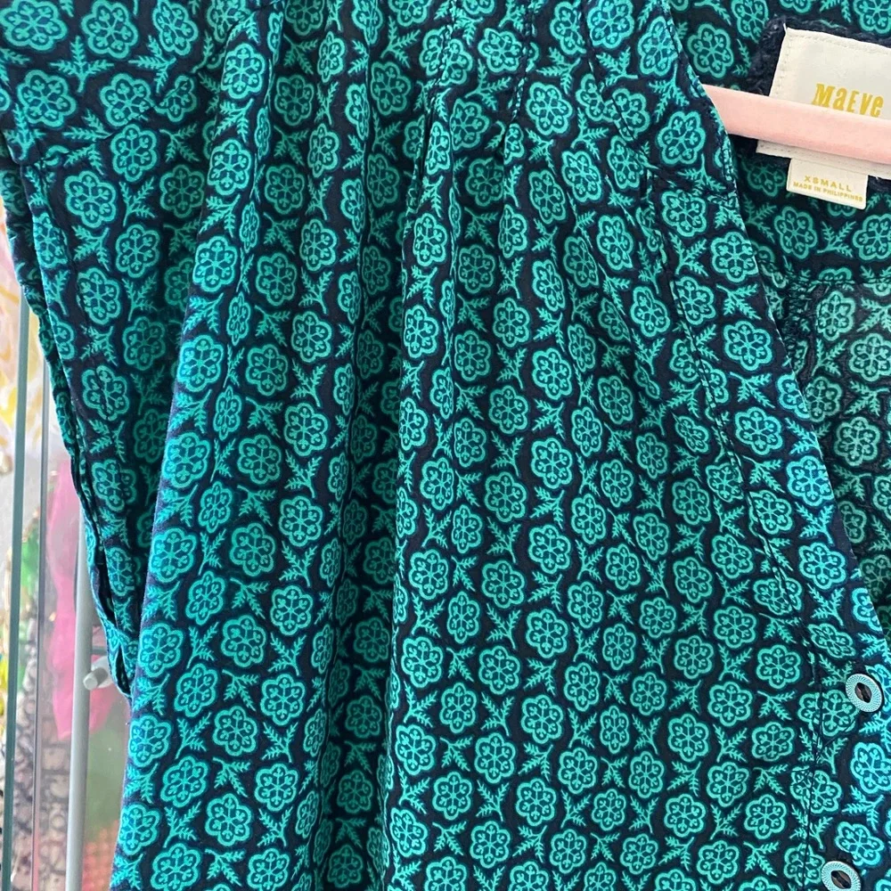 Maeve Anthropologie Jumpsuit Geoscope Beltws Pockets Pull On Green Navy XS - Picture 13 of 16